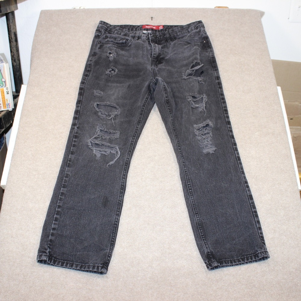 Ring of Fire Mens Classic Straight Distressed Black Jeans 33x30 Ripped Denim